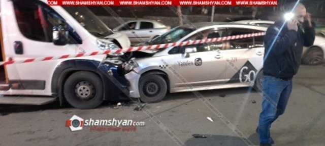 Խոշոր ավտովթար Երևանում. ճակատ-ճակատի բախվել են թիվ 63 երթուղին սպասարկող Fiat-ն ու «Յանդեքս Տաքսի» Nissan-ը, կան վիրավորներ